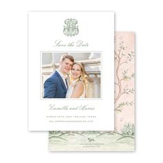 the wedding announcement card is shown with an image of a couple and their initials on it