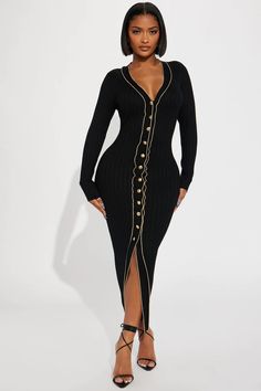 Buy Stephanie Sweater Maxi Dress in Black/Gold from Fashion Nova. These Dresses are available in most sizes. Receive free US shipping on orders over $75. Plus Size Sweater Dress, Sweater Midi Dress, Sweater Maxi Dress, Fasion Outfits, Gold Sweater, Ribbed Mini Dress, Classy Work Outfits, Sweater Dress Midi, Long Sleeve Midi Dress