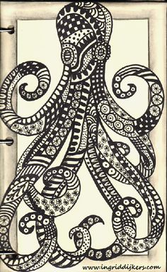 an ink drawing of an octopus in black and white with swirls on it's tentacles