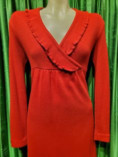 Fitted 1970s Style Green Maxi Dress, 1970s Fitted Green Maxi Dress, Red V-neck Viscose Dress, Red V-neck Dress With Gathered Sleeves, Plaid Jumper, Red V-neck Rayon Maxi Dress, Floral Babydoll Dress, Blue Knit Sweater, Knit Maxi Dress