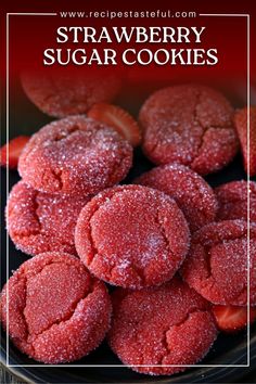 strawberry sugar cookies are piled on top of each other with the words, strawberry sugar cookies