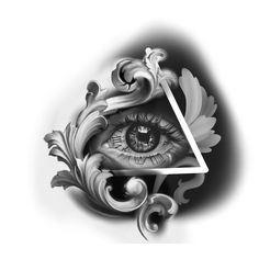 an all seeing eye in the center of a triangle with swirls and leaves around it