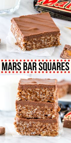 three different views of bars with chocolate frosting and nuts on top