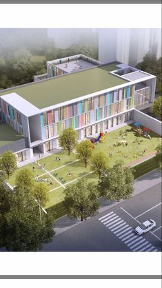 an artist's rendering of a multi - story building with children playing in the yard