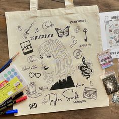 a tote bag with various items on it