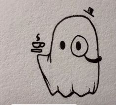 a drawing of a ghost holding a cup of coffee