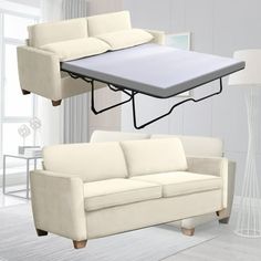 a white couch with a pull out bed attached to it's backrests