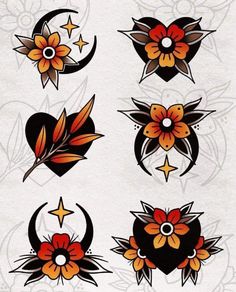 tattoos with flowers and crescents on them are in the shape of heart, star, moon