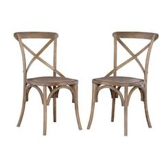 two wooden chairs sitting next to each other