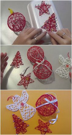 the process is being made using string and paper, which are shaped like christmas trees