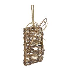 a bag made out of sticks and rope on a white background with the string wrapped around it