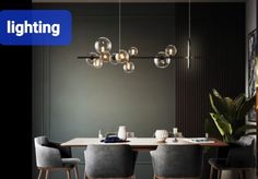 an elegant dining room with modern lighting fixtures