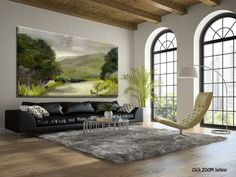 a living room filled with black furniture and large windowed windows next to a painting on the wall