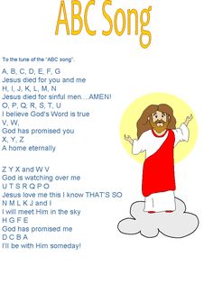 an image of jesus on the cloud with words above it that say, abc song