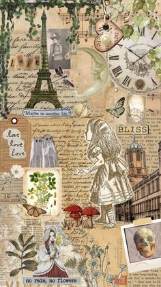 a collage with many different pictures and words on it, including the eiffel tower