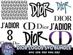 various font and numbers are shown in this graphic design set, including the words dior, j'ador, d'aor & dior