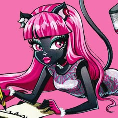 a drawing of a girl with pink hair and cat ears writing on a piece of paper