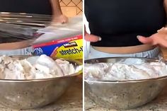 two pictures showing the process of making whipped cream in a mixing bowl and then adding it to another bowl