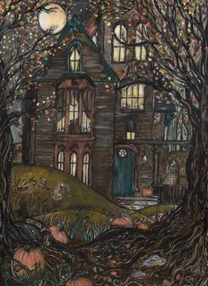 a painting of a house surrounded by trees and pumpkins