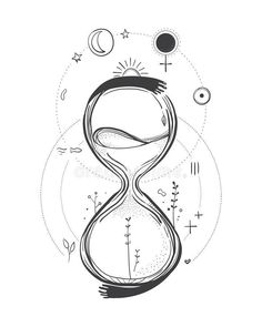 an hourglass in the middle of a circle with symbols around it