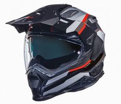 the helmet is black and white with red accents