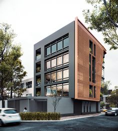 an architectural rendering of a modern building on the corner of a street with cars passing by