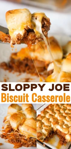 sloppy joe biscuit casserole is being lifted by a spatula with cheese on top