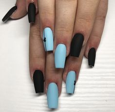 Black And Baby Blue Nails, Black And Light Blue Nails, Blue And Black Nail Ideas, Blue Matte Nails Design, Easy Blue Nails, Teal And White Nails, Matte Navy Nails, Blue And Grey Nails, Black And Blue Nail Ideas