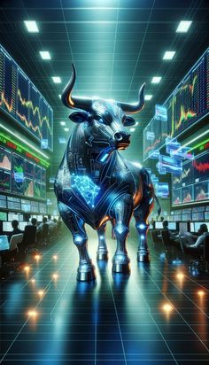 a bull is standing in the middle of a room filled with computer screens and monitors