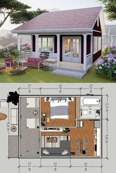 the floor plan for a small house with an attached porch and living room, as well as