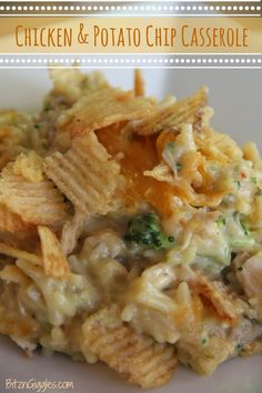 chicken and potato chip casserole on a white plate with text overlay that says chicken and potato chips casserole