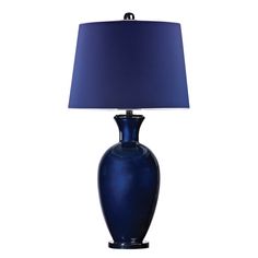 a blue lamp on a white background with a blue lampshade in the middle