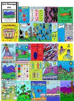 the art therapy poster is shown with many different pictures and words on it's side