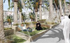 an artist's rendering of two people sitting on the ground in front of palm trees