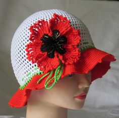 Crochet poppy hatCrochet hat with poppy by NPhandmadeCreations Poppy Flower Crochet, Knitted Poppies, Poppy Hat, Crochet Summer Hat, Crochet Poppy, Crochet Summer Hats, Poppy Brooches, Crochet White, Yarn Hats