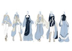 several dresses are shown on mannequins in blue and white colors, with long hair