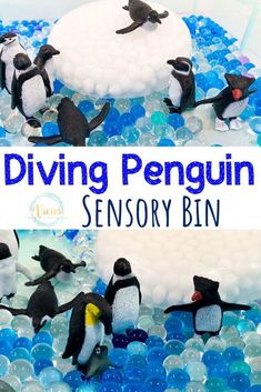 this is an image of a penguin and penguins in the water with text overlay that reads diving penguin sensory bin