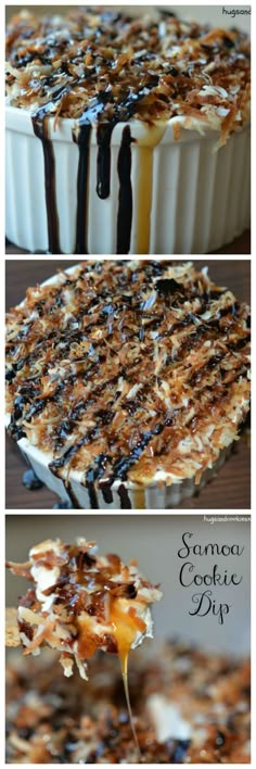 an image of a cake with chocolate and caramel toppings on it, then topped with whipped cream