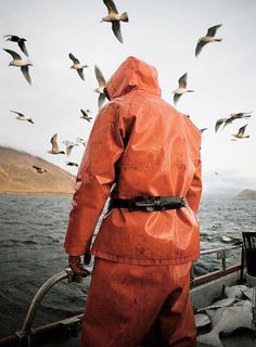 a man in an orange coverall standing on a boat looking at seagulls