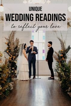 a man and woman standing in front of a sign that says unique wedding readings to reflect your love