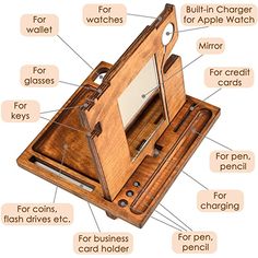 an open wooden box with instructions on how to use the mirror and other things in it