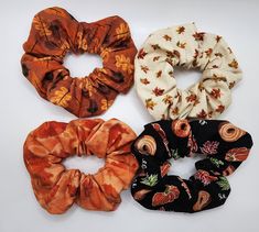 "Introducing our enchanting Fall Scrunchie Collection, a delightful array of handcrafted hair accessories designed to infuse your autumnal style with a touch of seasonal charm. These scrunchies are the perfect addition to your fall wardrobe. Each scrunchie is lovingly made with meticulous attention to detail, ensuring a comfortable and stylish addition to your hair ensemble. These special seasonal scrunchies were sewn with 7 inches of 1/2\" wide braided elastic and were sewn with extra love by myself.  These fall scrunchies can be purchased as a full set of 4 or you can buy only one instead." Fall Scrunchies, Autumnal Style, Fall Orange, Cheap Toys, Orange Leaf, Autumn Leaf, Small Leaf, Tea Parties, Christmas Ribbon