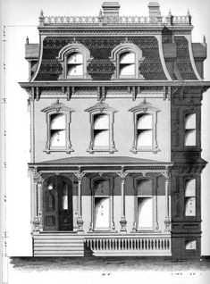 an old house with many windows and balconies on the second floor is shown in black and white