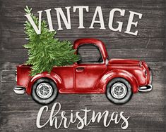 an old fashioned red truck with a christmas tree on the back and words vintage christmas