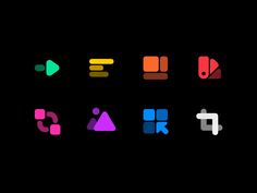 an image of different colored icons on a black background in the style of pixel art