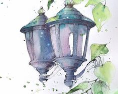 a watercolor painting of two street lamps with green leaves on the top and bottom