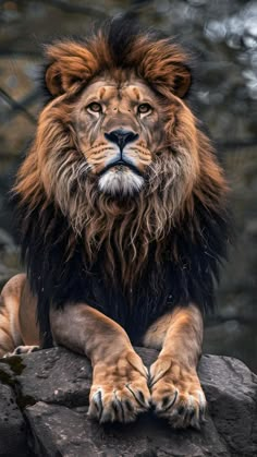 a lion sitting on top of a rock