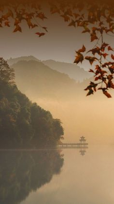 an image of a lake with trees in the background and fog on the water at sunset