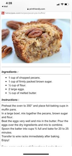 the recipe for pecan pie is shown on an iphone screen, with instructions to make it