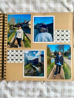 an open scrapbook with pictures of people and animals on the pages, along with a notebook